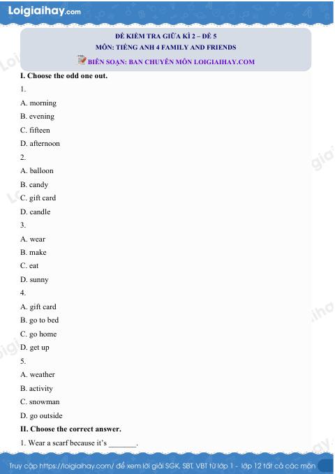 Đề thi giữa kì 2 Tiếng Anh 4 Family and Friends - Đề số 5